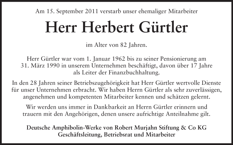  Traueranzeige für Herbert Gürtler vom 21.09.2011 aus Echo-Zeitungen (Gesamtausgabe)