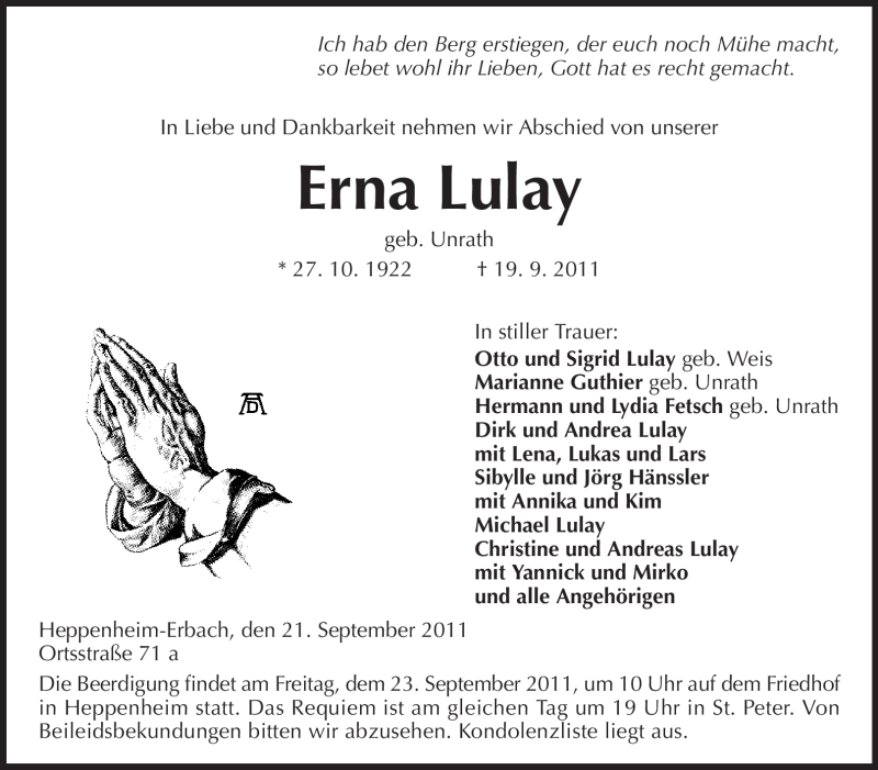  Traueranzeige für Erna Lulay vom 21.09.2011 aus Starkenburger Echo