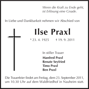Traueranzeige von Ilse Praxl von Rüsselsheimer Echo, Groß-Gerauer-Echo, Ried Echo