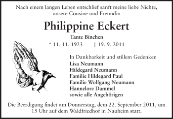Traueranzeige von Philippine Eckert von Rüsselsheimer Echo, Groß-Gerauer-Echo, Ried Echo