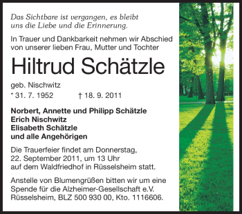 Traueranzeige von Hiltrud Schätzle von Rüsselsheimer Echo, Groß-Gerauer-Echo, Ried Echo
