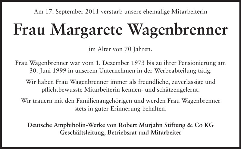  Traueranzeige für Margarete Wagenbrenner vom 21.09.2011 aus Echo-Zeitungen (Gesamtausgabe)