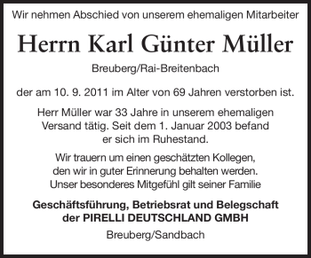 Traueranzeige von Karl Günter Müller von Odenwälder Echo