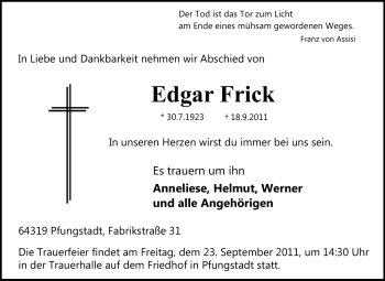 Traueranzeige von Edgar Frick von Echo-Zeitungen (Gesamtausgabe)