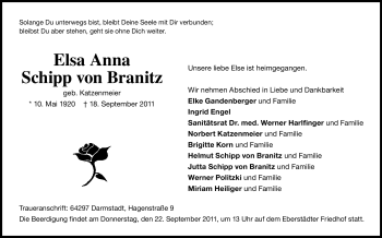 Traueranzeige von Elsa Anna Schipp von Branitz von Echo-Zeitungen (Gesamtausgabe)