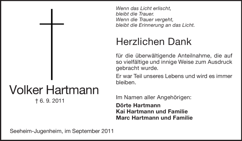  Traueranzeige für Volker Hartmann vom 24.09.2011 aus Echo-Zeitungen (Gesamtausgabe)