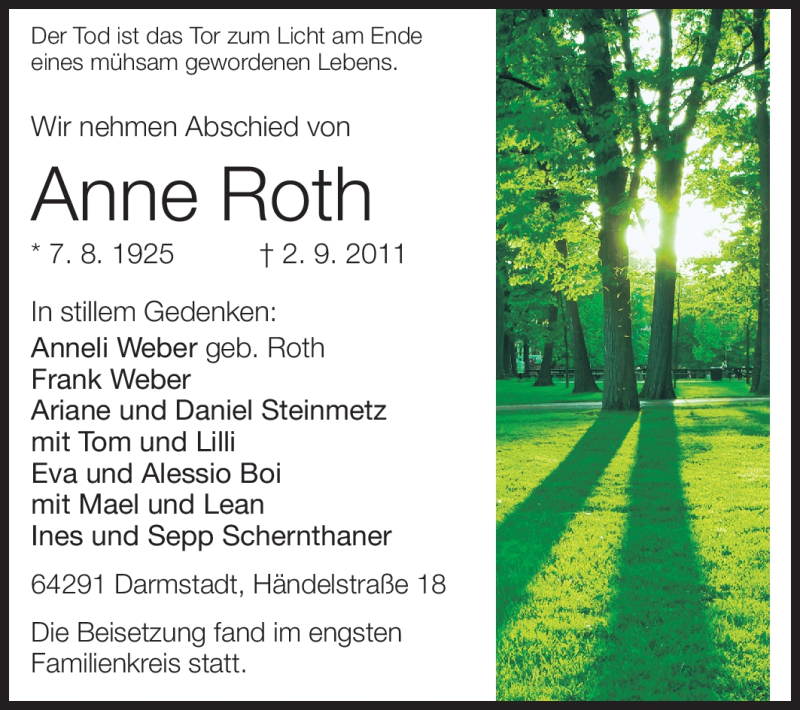  Traueranzeige für Anne Roth vom 24.09.2011 aus Darmstädter Echo, Odenwälder Echo, Rüsselsheimer Echo, Groß-Gerauer-Echo, Ried Echo