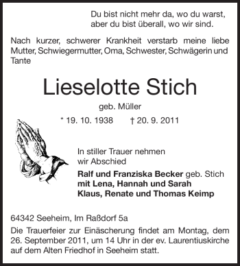 Traueranzeige von Lieselotte Stich von Echo-Zeitungen (Gesamtausgabe)