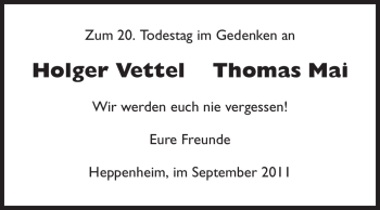 Traueranzeige von Holger Vettel  von Starkenburger Echo, Bergsträßer Anzeiger