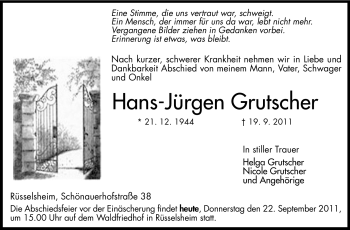 Traueranzeige von Hans-Jürgen Grutscher von Rüsselsheimer Echo, Groß-Gerauer-Echo, Ried Echo
