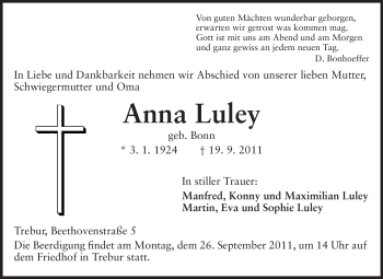Traueranzeige von Anna Luley von Rüsselsheimer Echo, Groß-Gerauer-Echo, Ried Echo