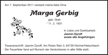 Traueranzeige von Marga Gerbig von Odenwälder Echo