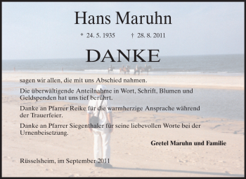 Traueranzeige von Hans Maruhn von Rüsselsheimer Echo, Groß-Gerauer-Echo, Ried Echo