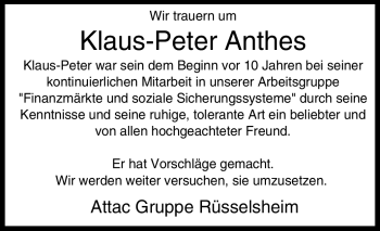 Traueranzeige von Klaus-Peter Anthes von Rüsselsheimer Echo, Groß-Gerauer-Echo, Ried Echo