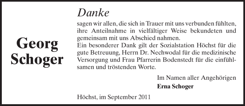  Traueranzeige für Georg Schoger vom 24.09.2011 aus Odenwälder Echo
