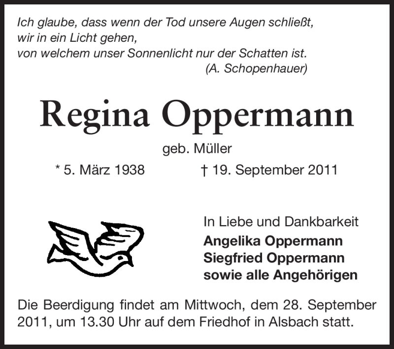  Traueranzeige für Regina Oppermann vom 24.09.2011 aus Echo-Zeitungen (Gesamtausgabe)