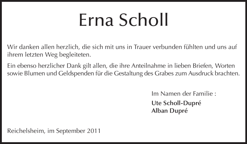  Traueranzeige für Erna Scholl vom 24.09.2011 aus Odenwälder Echo