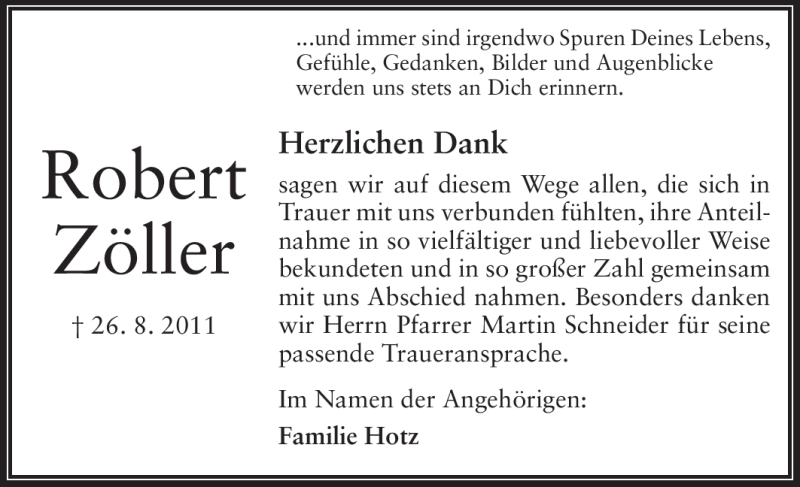  Traueranzeige für Robert Zöller vom 24.09.2011 aus Echo-Zeitungen (Gesamtausgabe)
