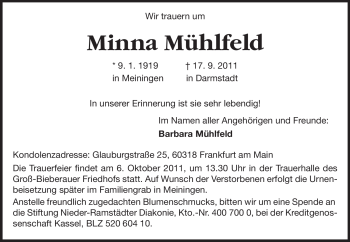 Traueranzeige von Minna Mühlfeld von Echo-Zeitungen (Gesamtausgabe)
