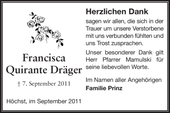 Traueranzeige von Francisca Quirante Dräger von Odenwälder Echo