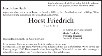 Traueranzeige von Horst Friedrich von Echo-Zeitungen (Gesamtausgabe)