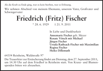 Traueranzeige von Friedrich (Fritz) Fischer von Darmstädter Echo, Odenwälder Echo, Rüsselsheimer Echo, Groß-Gerauer-Echo, Ried Echo