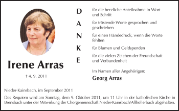 Traueranzeige von Irene Arras von Echo-Zeitungen (Gesamtausgabe)