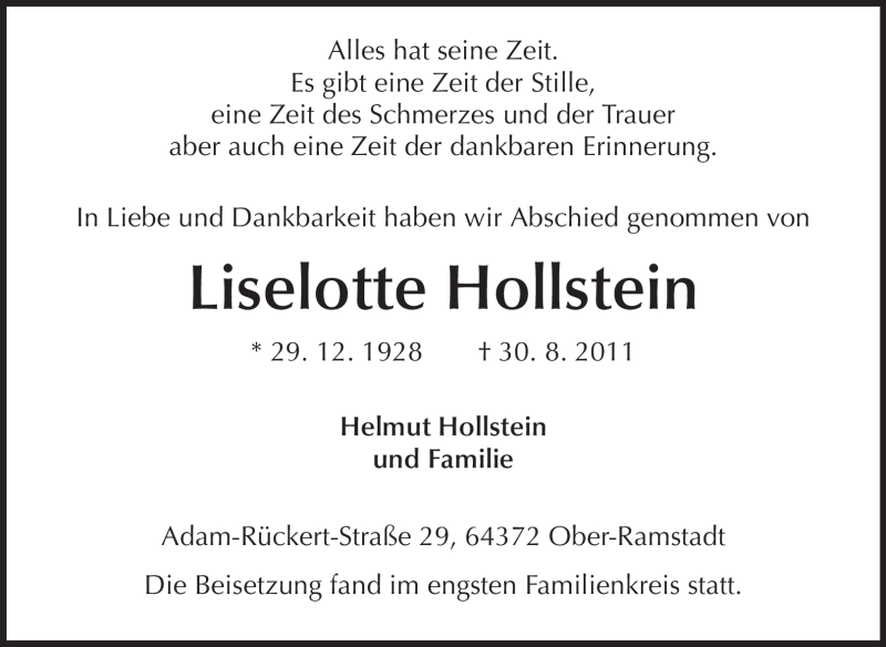  Traueranzeige für Liselotte Hollstein vom 24.09.2011 aus Echo-Zeitungen (Gesamtausgabe)
