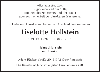 Traueranzeige von Liselotte Hollstein von Echo-Zeitungen (Gesamtausgabe)