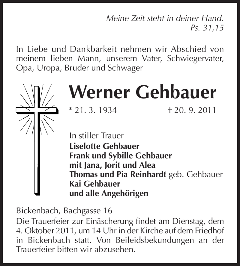  Traueranzeige für Werner Gehbauer vom 01.10.2011 aus Echo-Zeitungen (Gesamtausgabe)