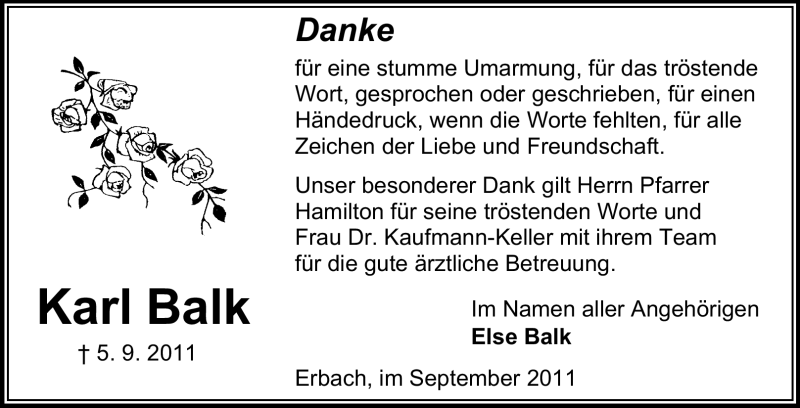  Traueranzeige für Karl Balk vom 24.09.2011 aus Odenwälder Echo