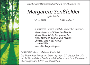 Traueranzeige von Margarete Senßfelder von Rüsselsheimer Echo, Groß-Gerauer-Echo, Ried Echo