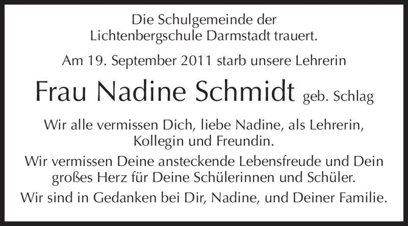  Traueranzeige für Nadine Schmidt vom 24.09.2011 aus Echo-Zeitungen (Gesamtausgabe)