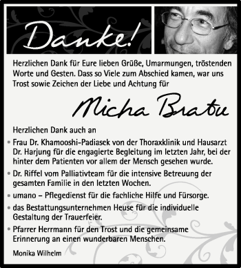Traueranzeige von Micha Bratu von Echo-Zeitungen (Gesamtausgabe)
