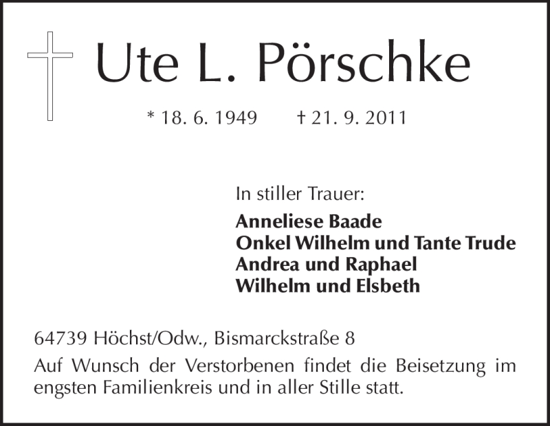  Traueranzeige für Ute L. Pörschke vom 24.09.2011 aus Odenwälder Echo