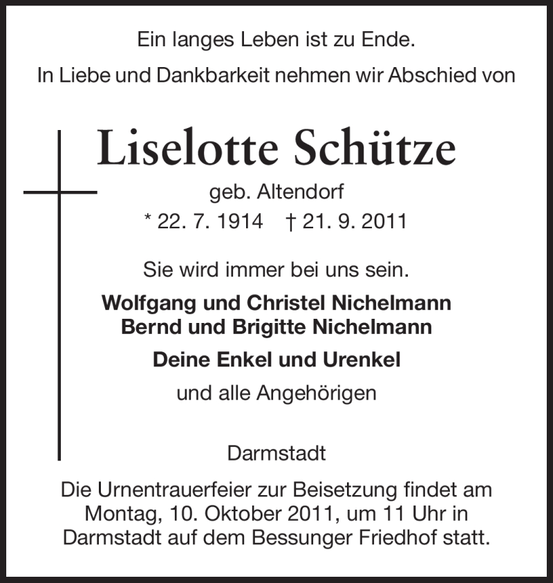  Traueranzeige für Liselotte Schütze vom 01.10.2011 aus Echo-Zeitungen (Gesamtausgabe)