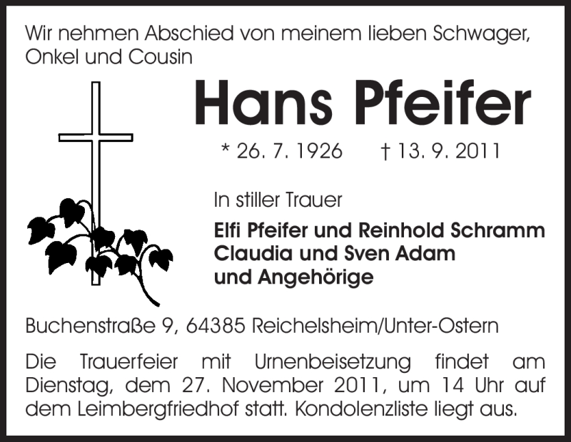  Traueranzeige für Hans Pfeifer vom 24.09.2011 aus Odenwälder Echo