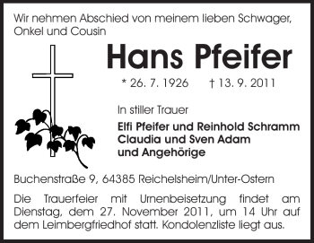 Traueranzeige von Hans Pfeifer von Odenwälder Echo