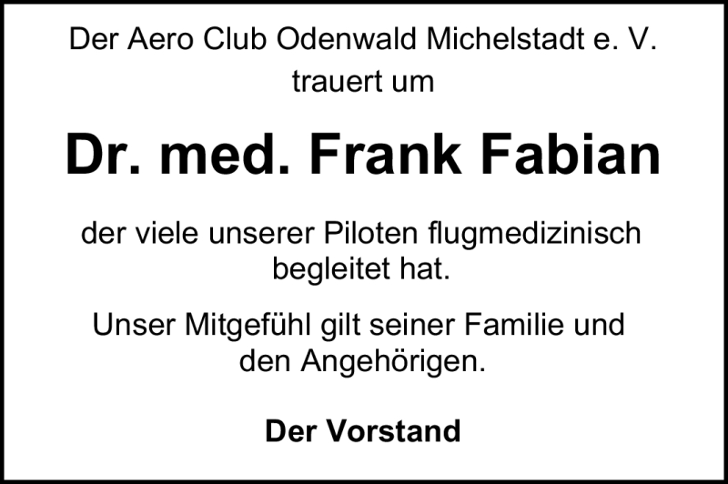  Traueranzeige für Dr. med. Frank Fabian vom 24.09.2011 aus Odenwälder Echo