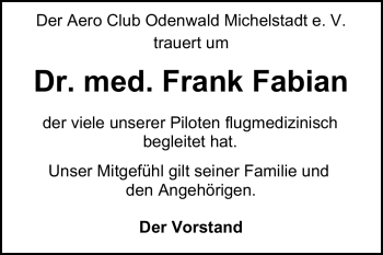 Traueranzeige von Dr. med. Frank Fabian von Odenwälder Echo