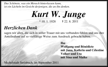 Traueranzeige von Kurt W. Junge von Odenwälder Echo
