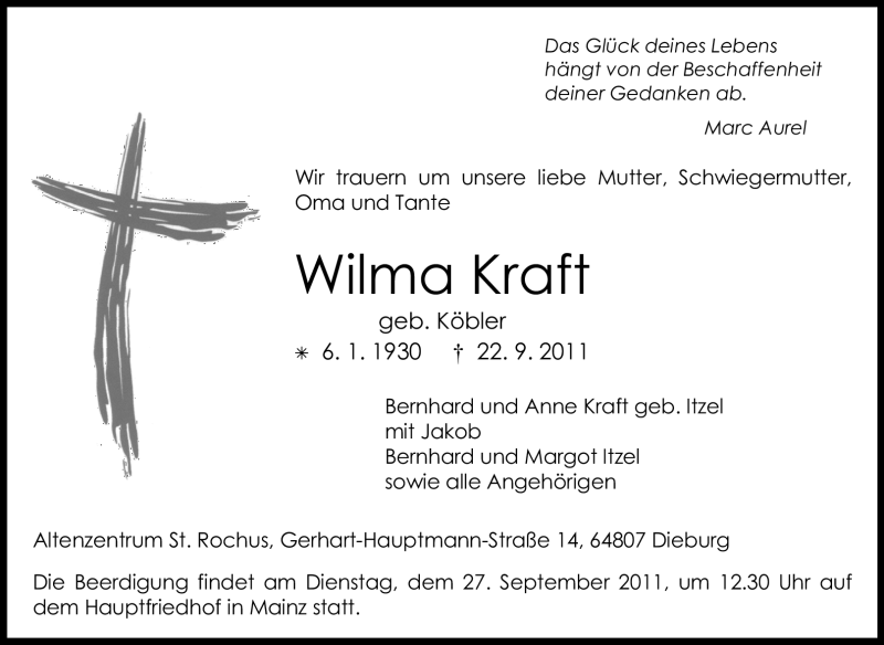  Traueranzeige für Wilma Kraft vom 24.09.2011 aus Echo-Zeitungen (Gesamtausgabe)