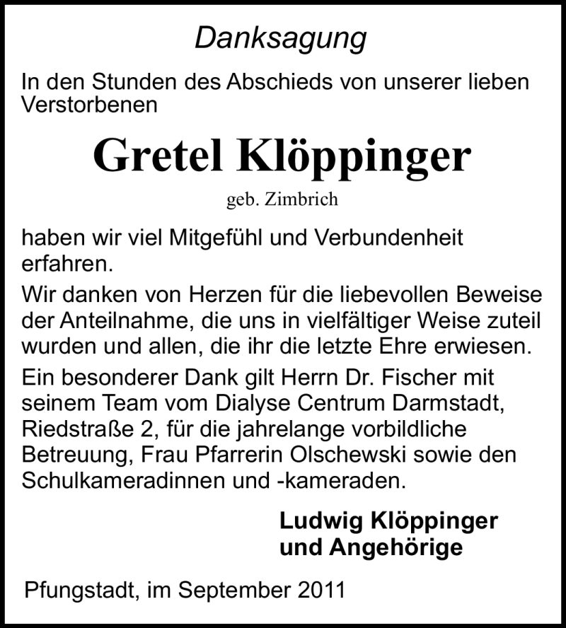  Traueranzeige für Gretel Klöppinger vom 24.09.2011 aus Darmstädter Echo, Odenwälder Echo, Rüsselsheimer Echo, Groß-Gerauer-Echo, Ried Echo