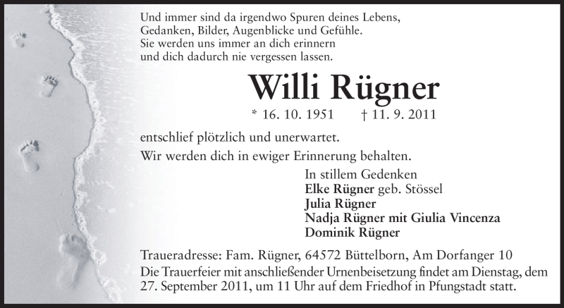  Traueranzeige für Willi Rügner vom 24.09.2011 aus Echo-Zeitungen (Gesamtausgabe)