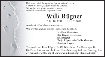 Traueranzeige von Willi Rügner von Echo-Zeitungen (Gesamtausgabe)