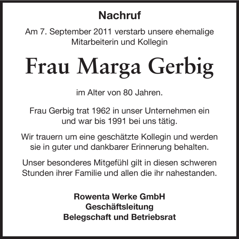  Traueranzeige für Marga Gerbig vom 24.09.2011 aus Odenwälder Echo