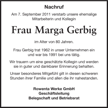 Traueranzeige von Marga Gerbig von Odenwälder Echo
