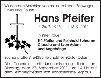 Traueranzeige von Hans Pfeifer von Odenwälder Echo