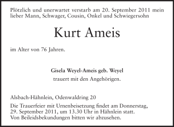 Traueranzeige von Kurt Ameis von Echo-Zeitungen (Gesamtausgabe)