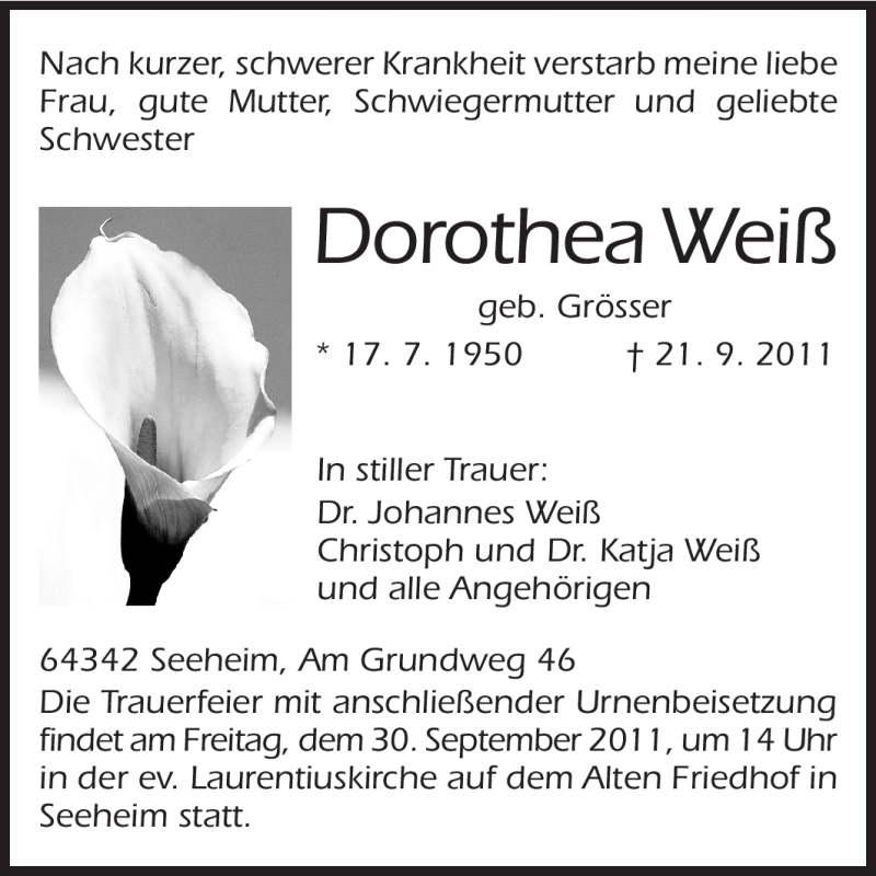  Traueranzeige für Dorothea Weiß vom 26.09.2011 aus Echo-Zeitungen (Gesamtausgabe)